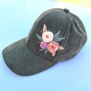 Corduroy Baseball Cap Hand Embroidered floral Fall Winter Hat Olive Sage Green